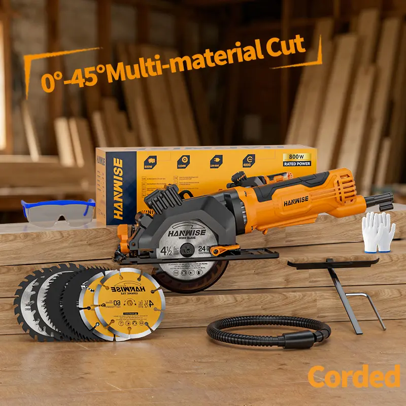 Electric circular saw, supporting 45 ° oblique cutting, with built-in laser assist. The tool set includes auxiliary guide rails,  and 3 types of saw blades, suitable for cutting wood, plastic, ceramic tiles, and soft metal materials.