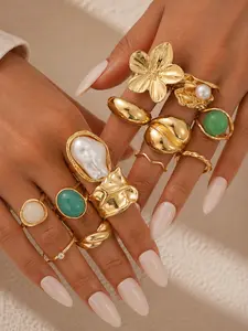 13-Piece Women's Fashion Stackable Rings Set, Vintage Chunky Boho Faux Pearl Flower Rhinestone Gemstone Wide Band Irregular Ring Set