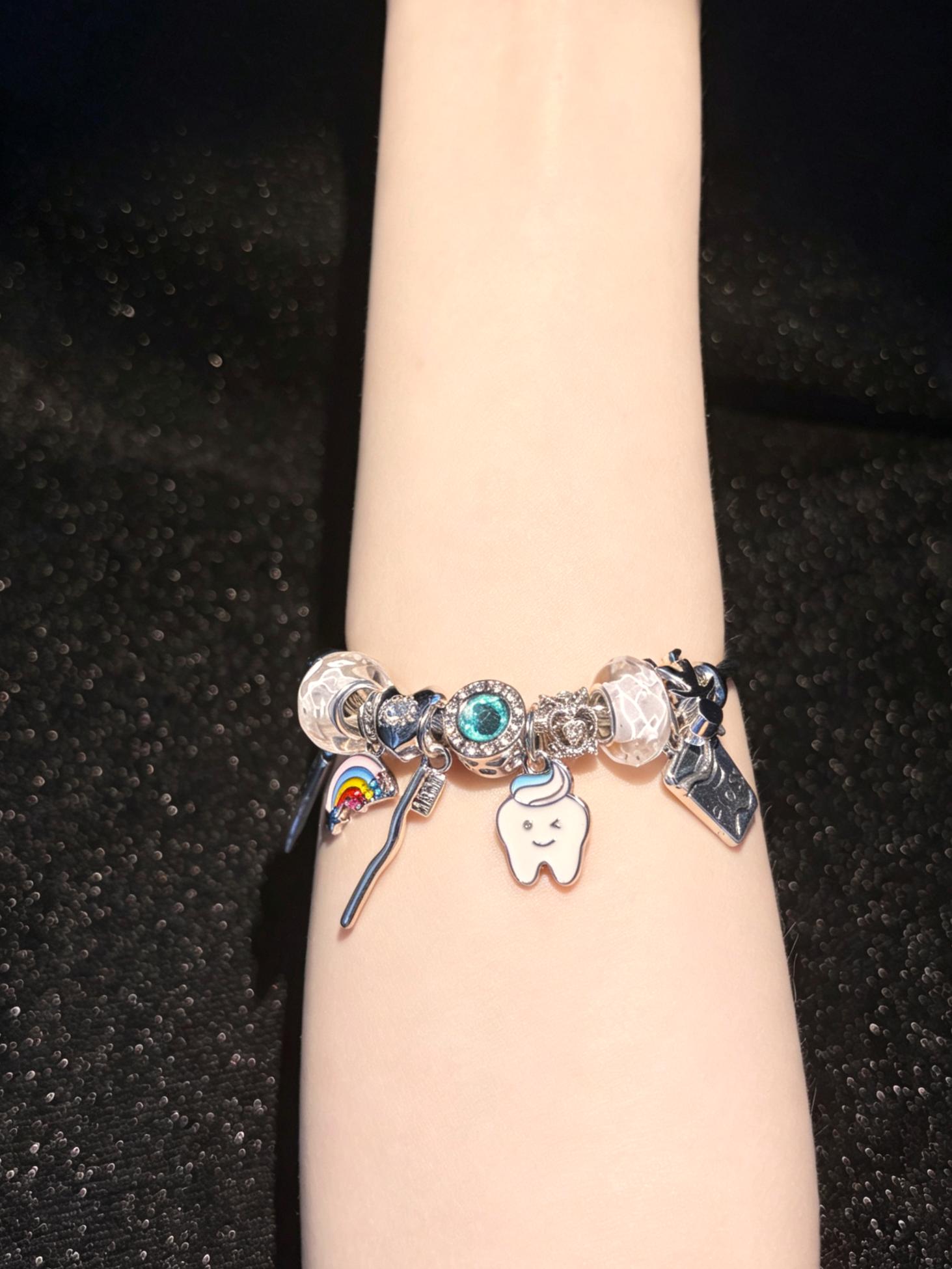 Dentist Themed Charm Bangle Bracelet, Hypoallergenic Alloy Bangle with Cute Tooth, Dental Floss & Rainbow Charms, Fashion Jewelry Gift for Women Girls