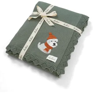 Cable Knit Baby Blanket, Soft Cotton, 40x30 Inches, Receiving Blanket for Crib, Puppy Pattern (Green, Baby)