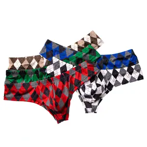 panty Men's Low-Rise Boxer Briefs Geometric Argyle Print Mid-Stretch Breathable Fabric Mid-Cut with Side Slits for Summer Casual Wear Machine Washable Supportive Pouch
