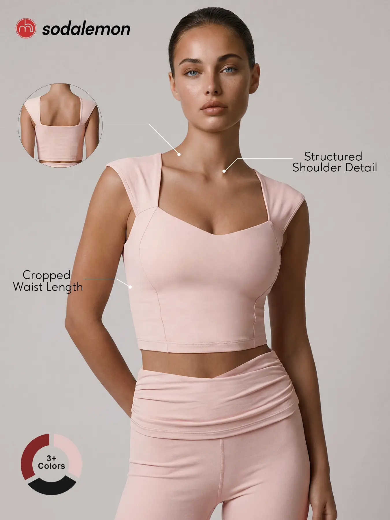 Sodalemon women's structured shoulder cropped yoga top with a sweetheart neckline, fitted workout tank with a square back, activewear for outdoor Pilates fitness