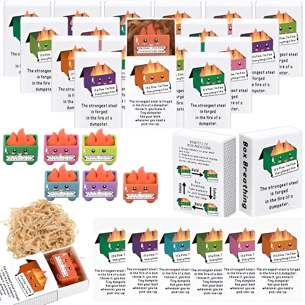 48sets Mini Dumpster Fire Ornament Sets Humorous Nurse Teacher Appreciation Gift for Employee IT Administrative Service Industry Workers Glow in Dark Resin Figurine with Box Set Emotional Support Anxiety Relief Gift for Desk Accessories