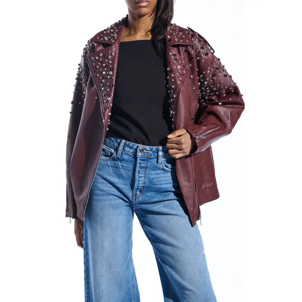 Catrine Studded Faux Leather Jacket in Burgundy