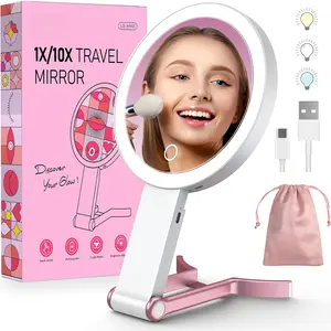 Travel Makeup Mirror with Lights, Rechargeable Double-Sided 10X/1X Magnifying Mirror, Portable Lighted Beauty Mirror, 3 Color Lighting, Dimmable  Screen, Tabletop Handhold  (White)