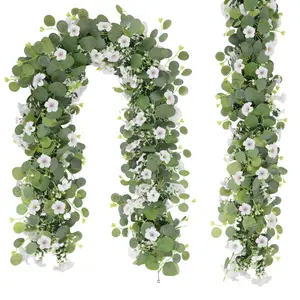 6FT Artificial Eucalyptus Garland with Morning Glory Flowers, 2 Pack Faux Greenery Vine for Wedding Arch, Wall, Table, Mantle & Home Decor, Indoor Outdoor