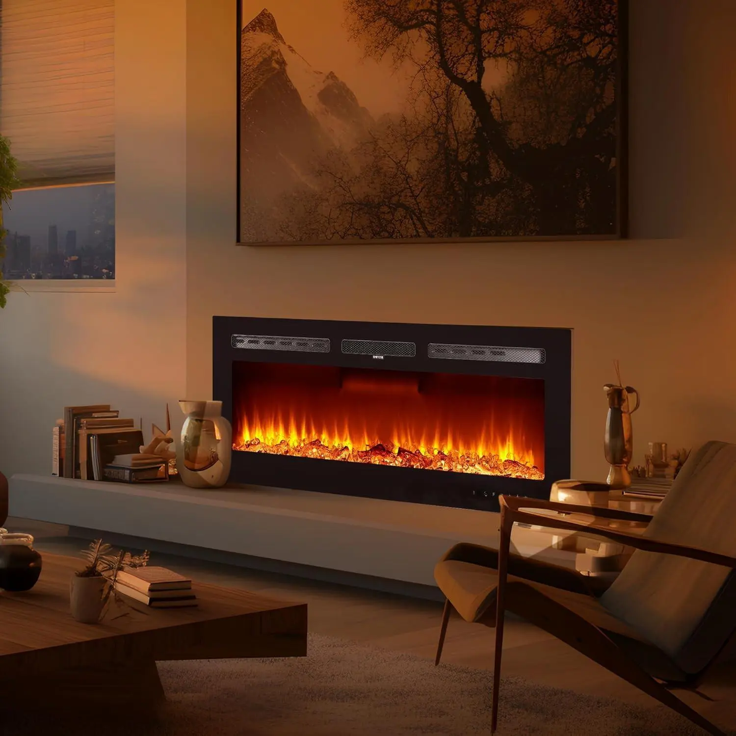 80 Inch Electric Fireplace, Wall Recessed and Wall Mounted Fireplace, 12 Adjustable Flame Colors, Remote Control＆Timer, Touch Screen, 1500/750W