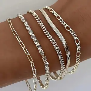 5pcs Bracelet Set 925 Pure Silvery Women's Cuban Chain Bracelet Silvery Simple Chain Handmade Urban Fashion Accessories Suitable For Christmas Daily Wear Perfect Gift For Family, Daughter, And Friends