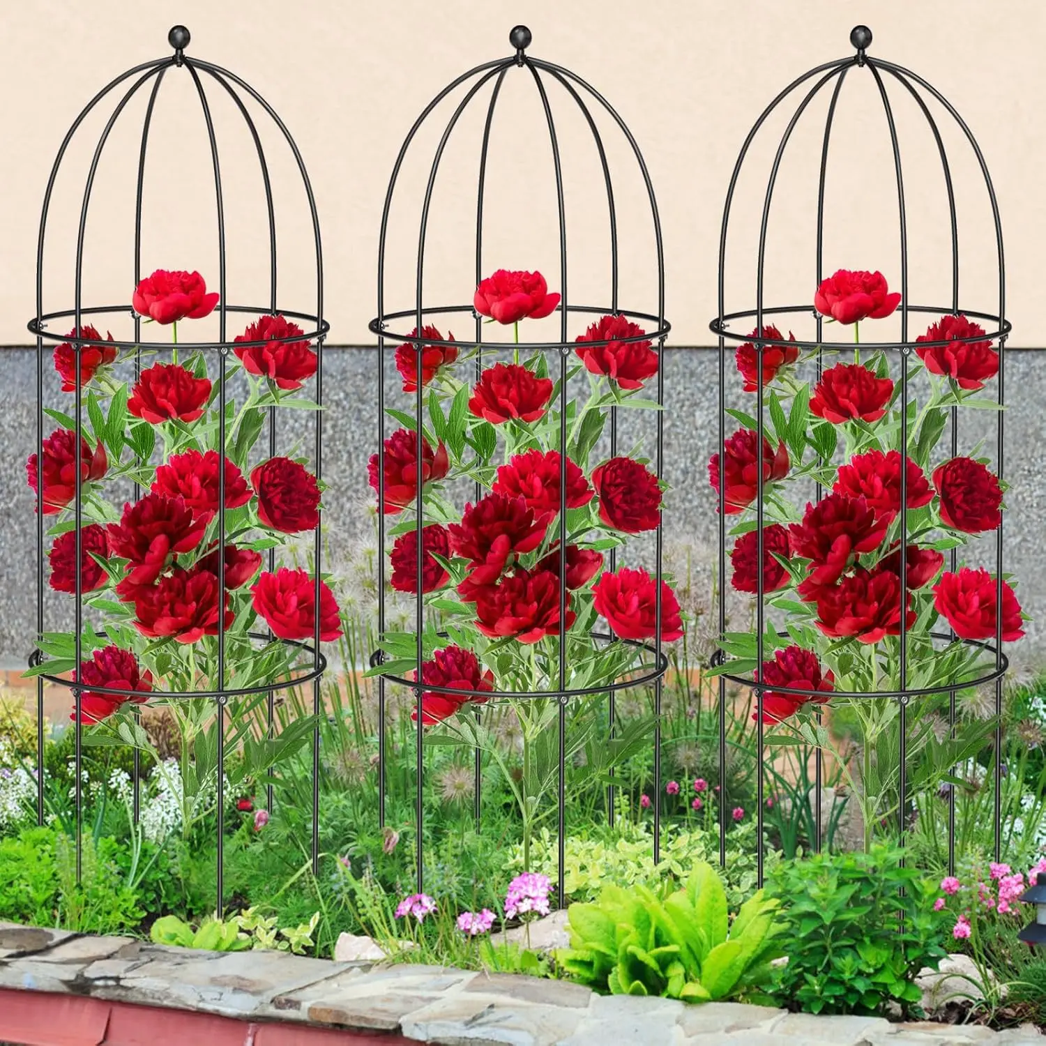 ABORON 3 Pack Bird Cage Plant Support, 47" H Large Metal Plants Support Frame for Tomatoes Peonies Lily Rose and Other Flopping Flowers Garden Decor for Outdoor Plants Flowers Vegetables
