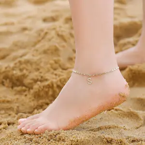 Letter Anklet in Gold with Disco Balls Simple and Stylish Double Layer Anklet with Rice Beads for Women