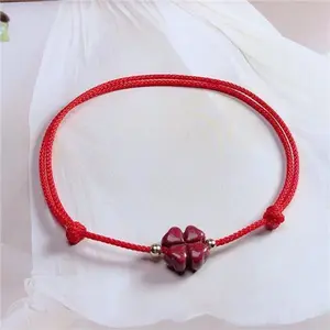 Red string bracelet with Cinnabar Four-Leaf Clover – Luck, Healing Jewelry, Adjustable, Gift for him & her, Red hospital bracelet Positive Energy Culturally Lucky