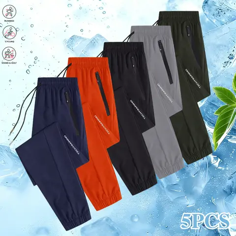 Men's Ice Silk Casual Sports Joggers - Mid-Elastic Stretch Waistband Pants, Straight-Leg with Pockets, Solid Color, Machine Washable, Comfort Fit, Versatile, Durable, Gym-Street Transition, No
