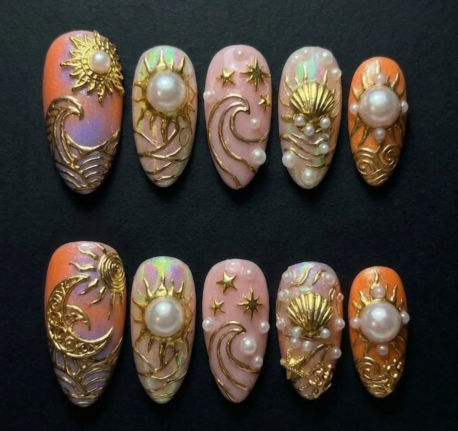 3D Pearl & Gold Shell Press On Nails | Celestial Sun, Moon, and Ocean Wave Design | Ethereal Almond Shaped Nails for Fantasy Looks Handmade Mythical Ocean & Sun Press On Nails | Gold Sea Waves, Celestial Sun, Seashell, Pear