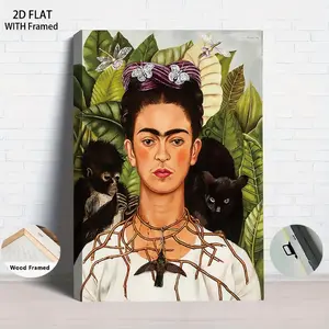 1Pcs Wood Framed Frida Kahlo Classic Self-Portrait Canvas Decorative Painting with Solid Wood Frame Living Room Entrance Art Hanging Painting Mexican Culture Home Wall Decoration Vintage Oil Painting S