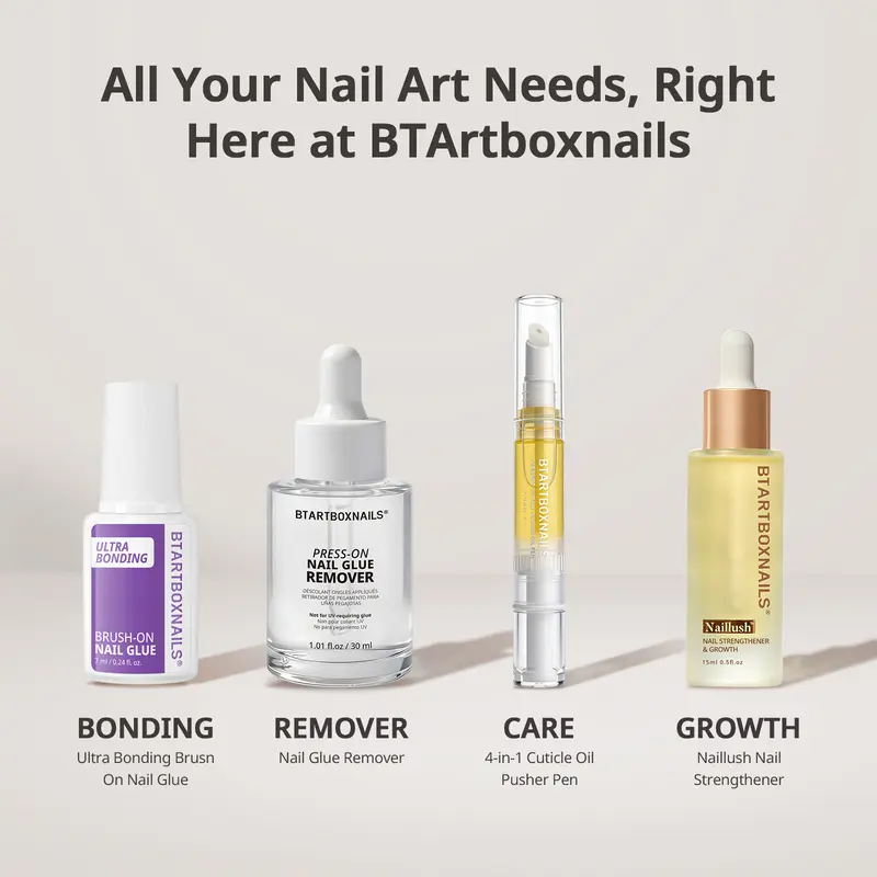 BTArtboxnails Acetone-Free Nail Glue Remover Set for Adults - Odorless Liquid, 4-in-1 Cuticle Care Oil Pen, Gentle Non-Irritating for Fake Nails Manicure Essential