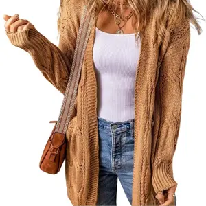 Cali Chic Women Sweater Khaki Ribbed Trim Eyelet Cable Knit Cardigan Casual