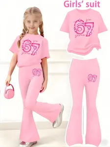 Girls' Stars Print 2-Piece Set, Casual Sporty Short Sleeve & Bell Bottoms, Comfortable Elastic Waist Pants, Spring Summer Clothes Kids