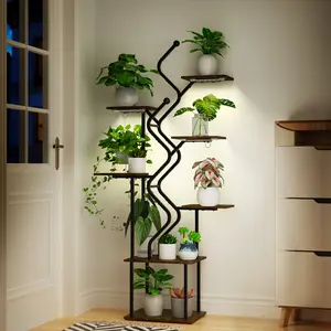 Bstrip 63 Inch 7-Tier Plant Stand with Grow Light, S-Shaped Corner Shelf with Hanging Hooks