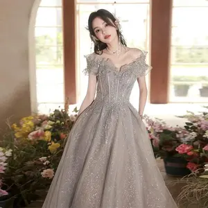 Elegant One-Shoulder Evening Dress 2025 French Sequins New Socialite Style Birthday Adult Ceremony Piano Violin