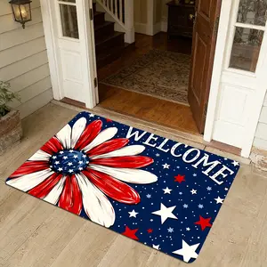 1pc Flowers American Flag Pattern Welcome Entrance Mat, Independence Day Party Home Decorate Rug, Ideal for Living Room Kitchen Bedroom, Perfect Gift for Family Friends