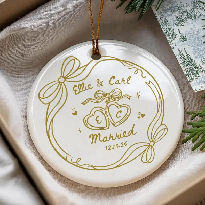 2 Sided Ceramic Ornament, Custom Engagement Gift, Personalized Engagement Gift for Engaged Couples, Wedding Gift Newlyweds, Bride and Groom