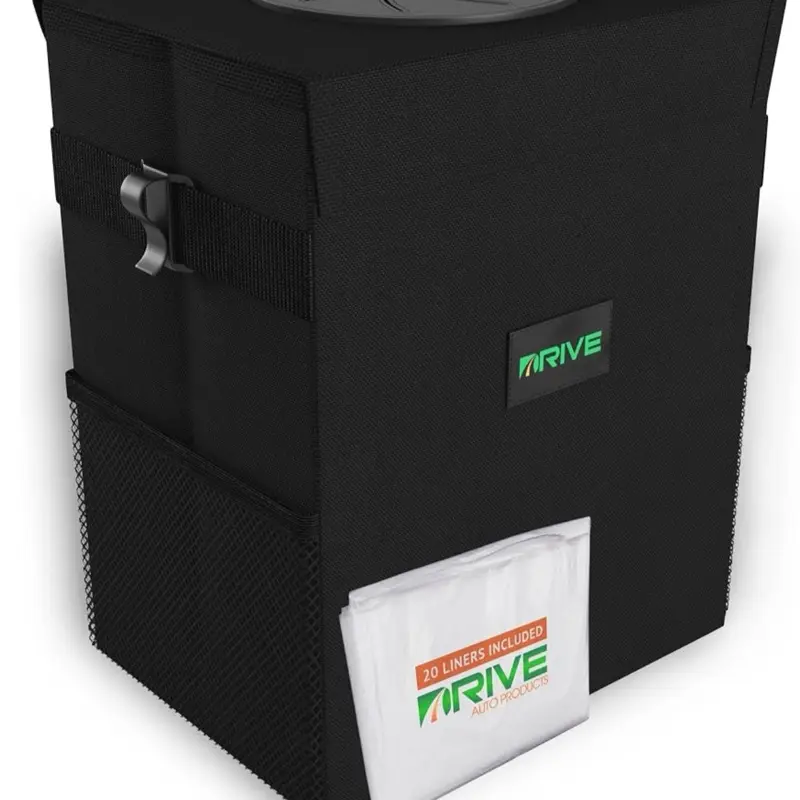 Collapsible Leakproof Car Trash Can with Lid, Storage Pockets & Adjustable Strap for Cars, SUVs & Trucks