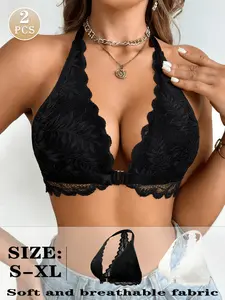 2PCS Halter Bra Sexy Open Back Bralette for Party Date Night Soft Breathable Wireless Front Closure V-Neck Underwear for Ladies