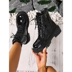 Fashionable women's autumn and winter short boots with thick heels and high water platforms, waterproof leather upper with buckle decoration, comfortable soft sole, antislip and wear-resistant, with laces to increase height