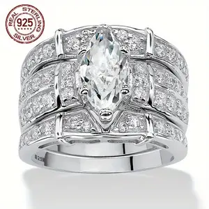Luxury Sterling Silver Rings | 3-Piece Set of Stacking Geometric Wedding Bridal Rings – 925 Fine Jewelry