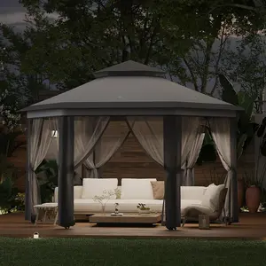 Pop-Up Gazebo Canopy Tent 13' x 13' with Zippered Mesh Sidewalls and Carrying Bag, Dark Grey & Light Grey, Outdoor Event Design Parasol Round Modern Lounge