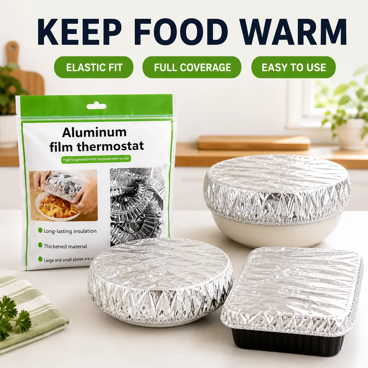50PCS Elastic Aluminum Foil Food Covers for Bowls & Plates, Disposable Heat-Retaining Kitchen Covers