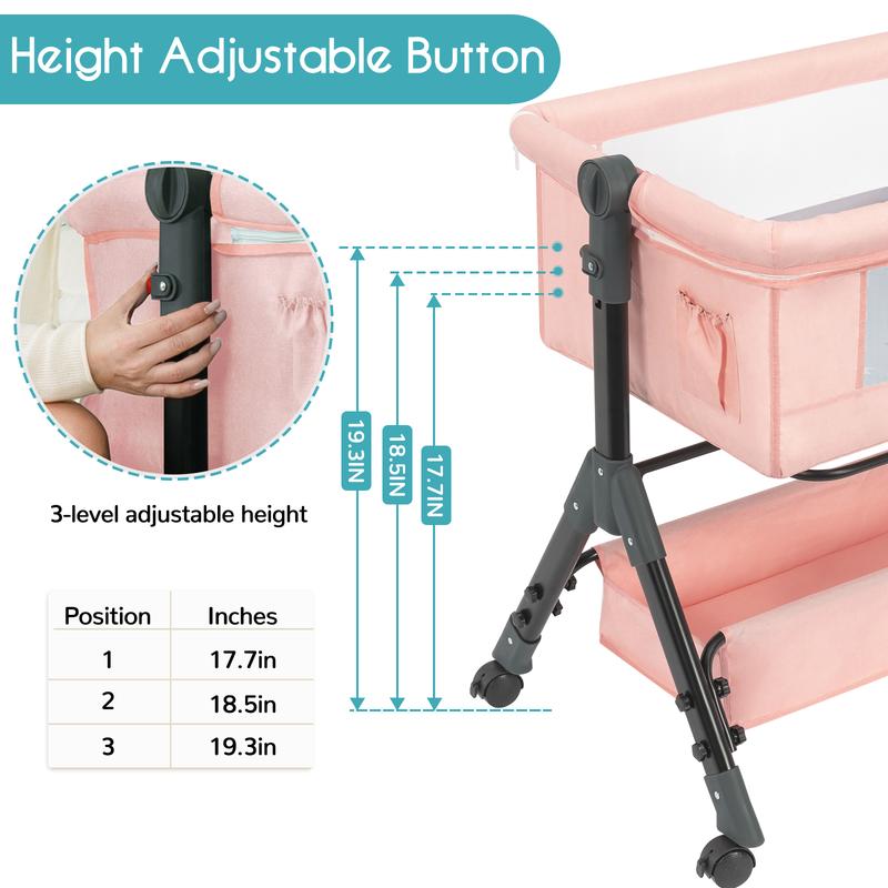【New Year gift】Baby Bassinet Bedside Sleeper 3 in 1 - Adjustable Height, Adjustable Wheels, Travel Sleeper, Portable Design for 0-6 Months、12 Months Newborn bassinet for baby