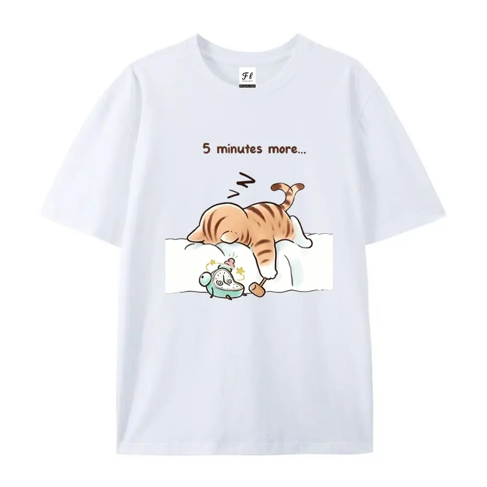 Unisex Cartoon Print Sleepy Orange Cat Alarm Clock Cotton T-Shirt - Streetwear, All Seasons Relaxed Soft Breathable Casual Sports Top, 100% Printed Craft Daily Tee, Tshirt, Foldable, Graphic Letters, Machine Wash, Medium Length