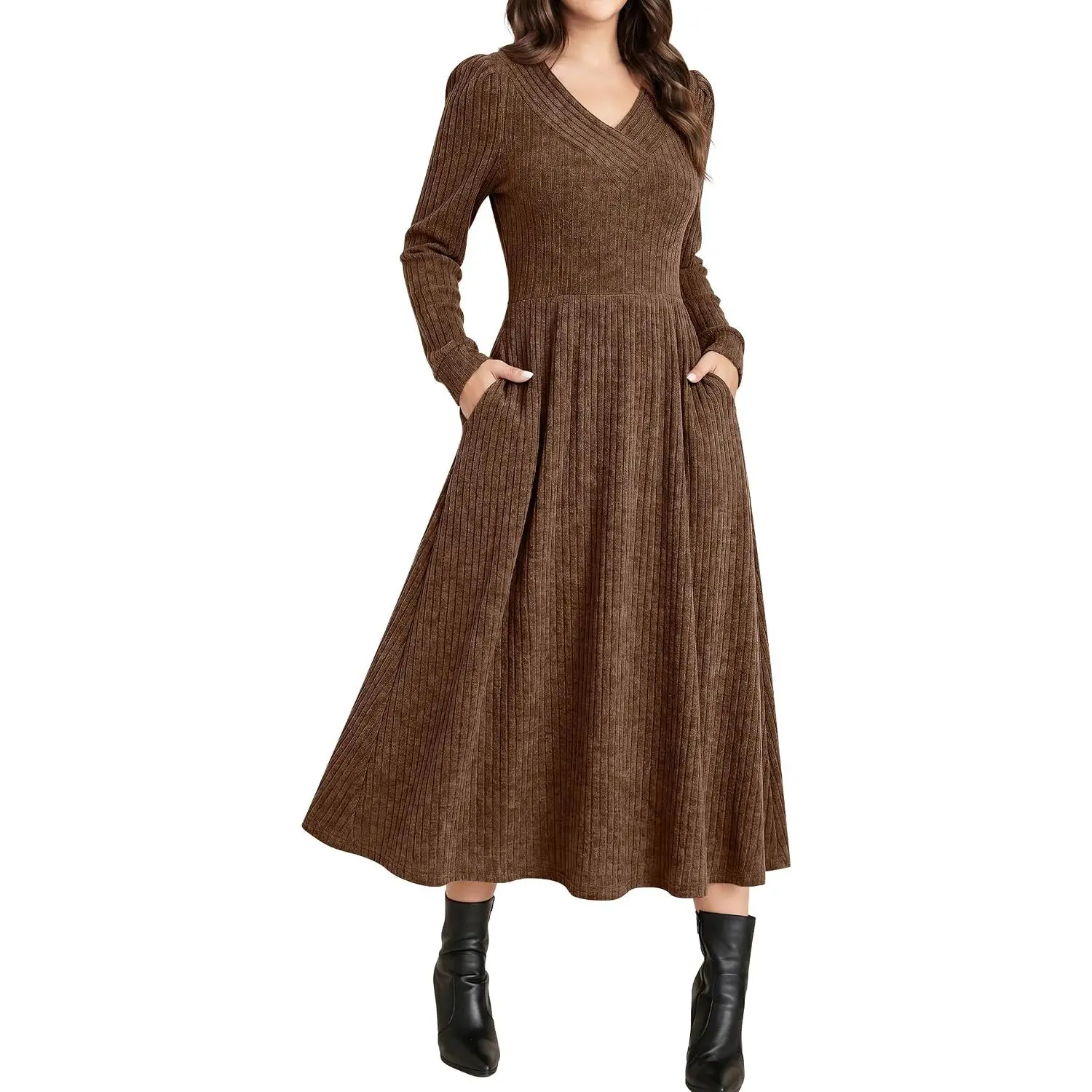 ANRABESS Womens Long Sleeve V Neck A Line Midi Dress | Ribbed Knit Empire Waist with Pockets, Soft Stretch Flowy Swing Dress, Office Work Date Night Everyday Wear