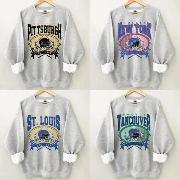 Vintage All Teams Hockey Crewneck Sweatshirt, Vintage Graphic Ash Grey Sweatshirt, New Retro Style Crewneck Sweater, Gift For Men, Gift for Women
