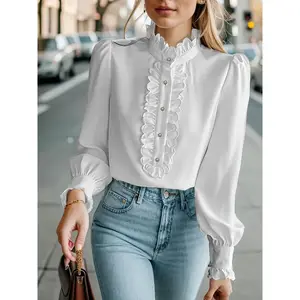 Elegant Ruffle Trim Button Front Blouse - Stand Collar, Long Sleeve, Polyester, Machine Washable - Chic Women's Top Womenswear High Neck