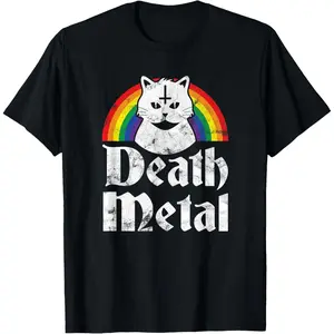 Death Metal Shirt Satanic Cat Rainbow Rock Goth Concert Tee T-Shirt,Made in USA