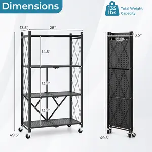 COSTWAY - 4-Tier Foldable Storage Shelf Collapsible Storage Rack with Lockable Wheels-Black