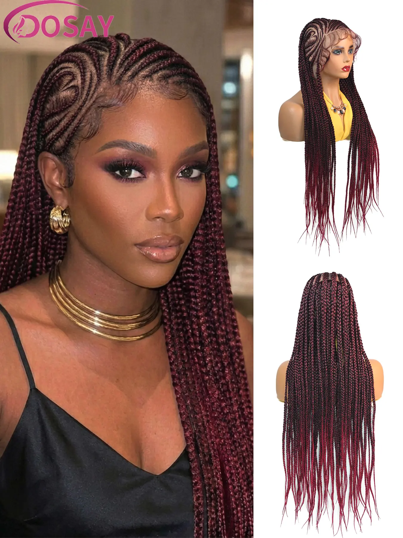 36 Inches Burgundy Box Braids Wig,Goddess Braids Synthetic Full Lace Wig,Fulani Knotless Braids,Cornrow Braids for Black Women, Natural Black Synthetic Heart Braided lace Wig , Handmade Braids Wig for Daily Party, Beginner-friendly Heart Braids Wig