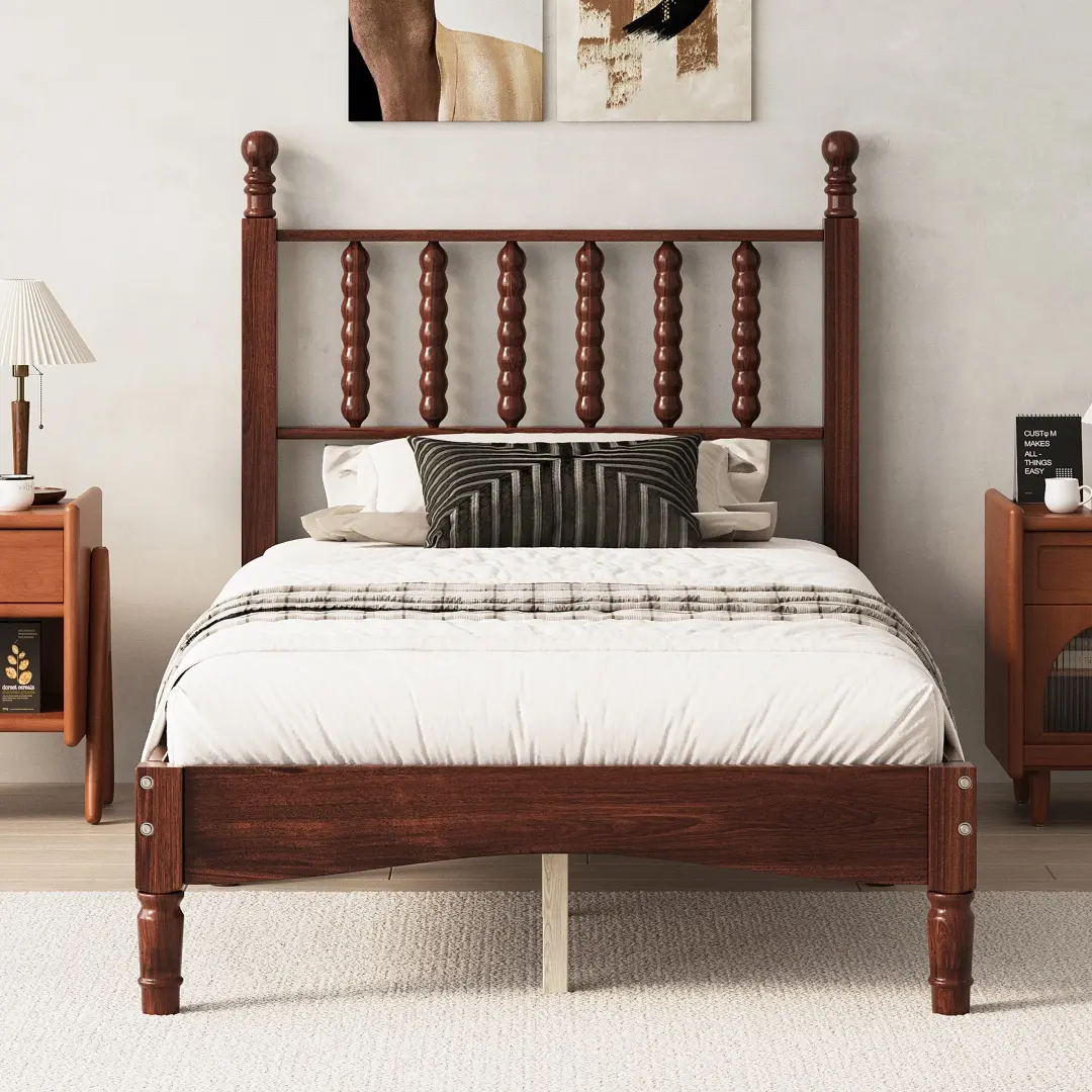 Bed Frame Twin Size with Spindle Headboard,Wood Twin Platform Bed with Wooden Slat Support,Retro Style Spindle Beds for Boys Girls Kids Adults Toddler,No Box Spring Required,Easy Assembly,No Noise,Walnut