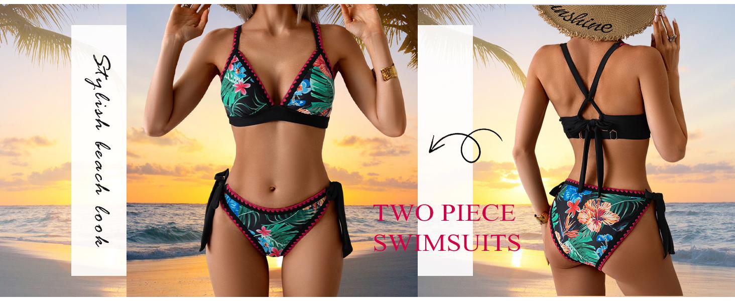 Aidonger bikini Sets for Women Floral Two Piece Bathing Suit V Neck Shell Stitched Swimsuit Tie Side Triangle Swimwear