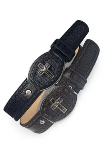 Men's 2-in-1 Tooled Caiman Leather Cowboy Belt, Croc-Textured Embossed Chic Buckle Men's Fashion Clothing Accessory, Croc-Textured Men's Belts