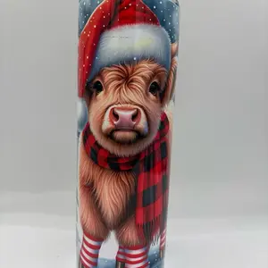 20oz Skinny Christmas Highland Cow Tumbler with Festive Santa Hat and Plaid Scarf Design