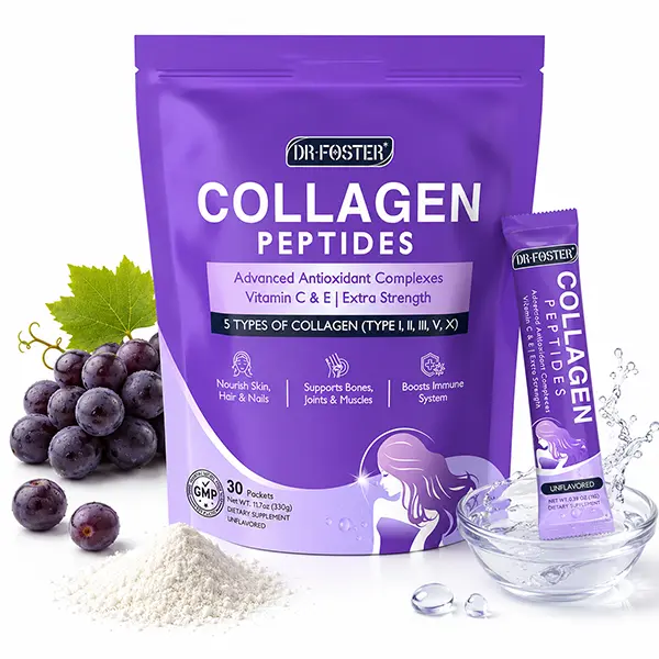 Multi Collagen Peptides Powder Stick Packets - Types I, II, III, V, X with Vitamin C, Vitamin E & Antioxidant Blend, Healthcare Support for Skin, Hair, Nails & Joints, Non-GMO, 30 Count