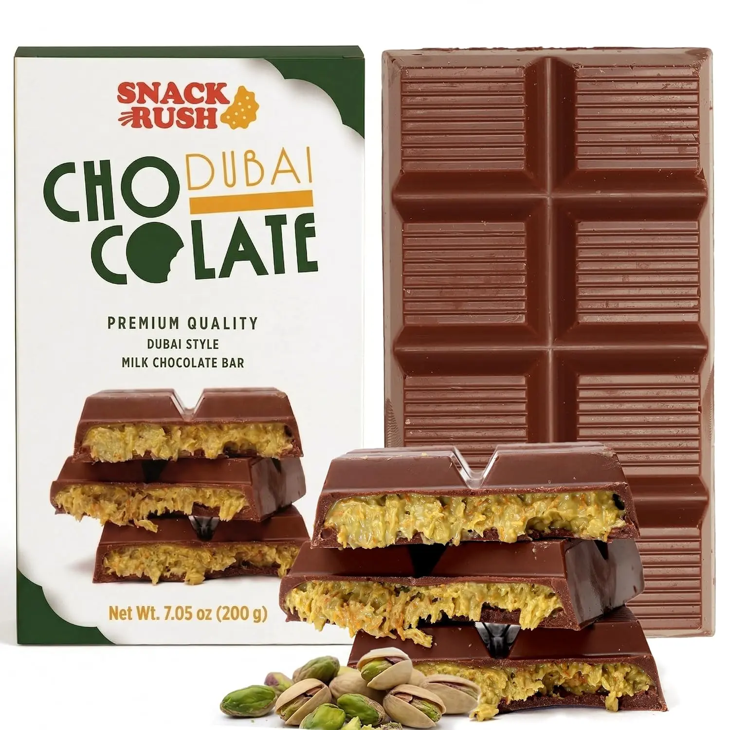 Snackrush Dubai Style Chocolate Bar 7.05oz, Premium Milk Chocolate with Pistachio Cream & Crispy Kataifi, Handcrafted Knafeh Dessert Gift Bar