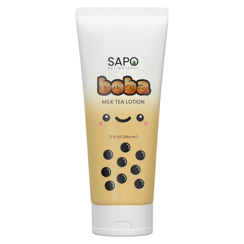 Sapo All Natural Boba Hand & Body Lotion - Creamy Moisturizer with Aloe, Coffee Extract & Vitamin E - Hydrating & Nourishing Caramel Vanilla Milk Tea Scented Cream for Smooth Soft Silky Skin - 12 oz