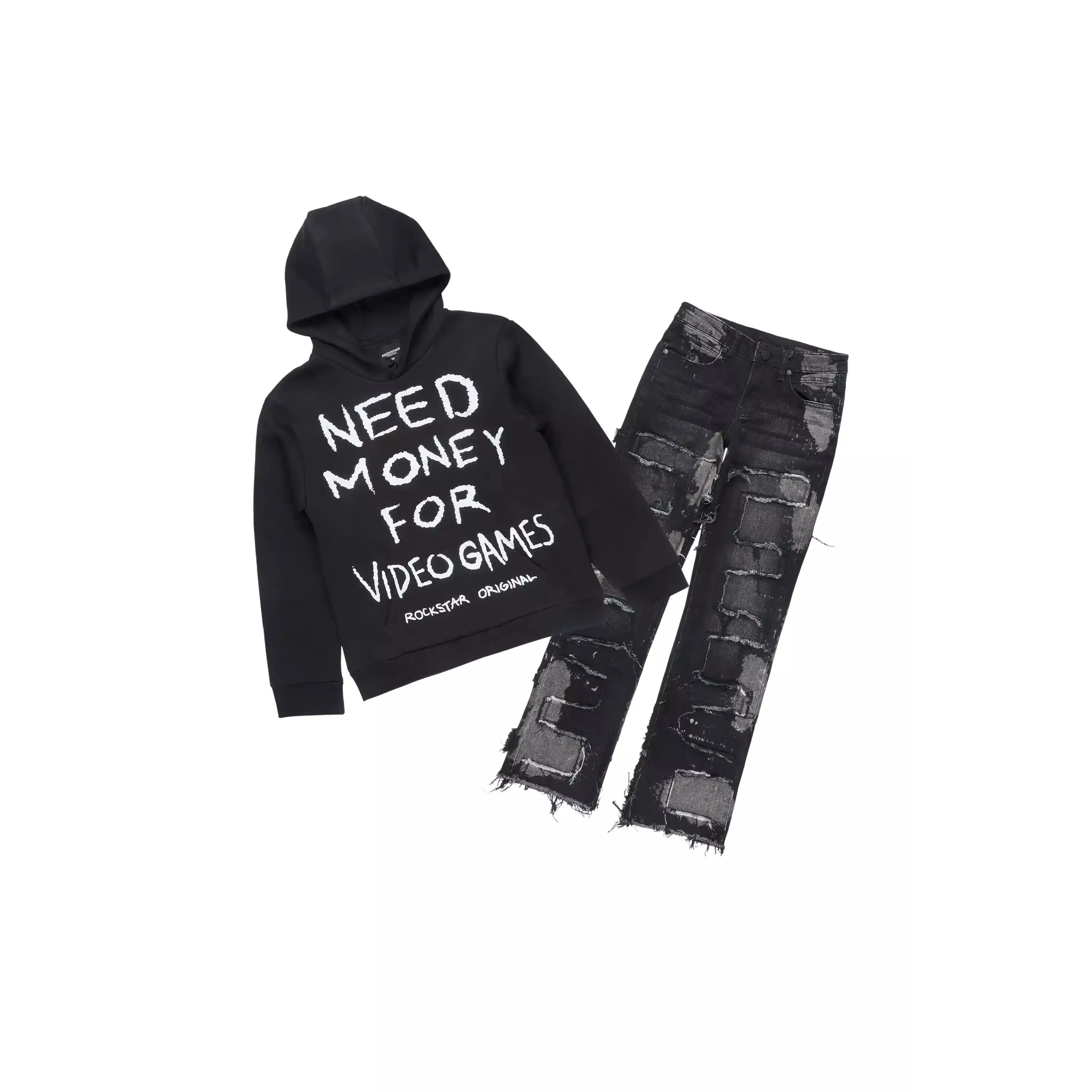 Boys M4 Video Games Black Hoodie Stacked Jean Set