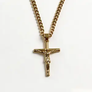 Men's 14K Gold Plated Crucifix Necklace, 20" Sturdy Cuban Link Chain, Streetwear Cross Pendant, Tarnish-Free Drip Jewelry,Meaningful Birthday Anniversary Gift for Boyfriend Him