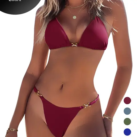 Women Two Piece Swimsuit Halter String Bikini Set Sexy Thong Cheeky Bathing Suits Cute Tie Side Triangle Swimwear #SummerWins SwimWeek