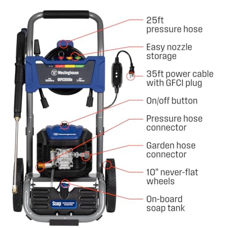 WPX3000e Electric Pressure Washer 3000 Max PSI 1.76 Max GPM Induction Motor Onboard Soap Tank Spray Gun and Wand 5 Nozzle Set f
